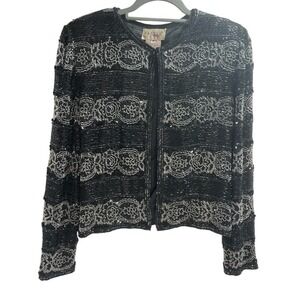 Papell Boutique Black Silk Heavy Sequined Beaded Short Jacket Sz M Vintage